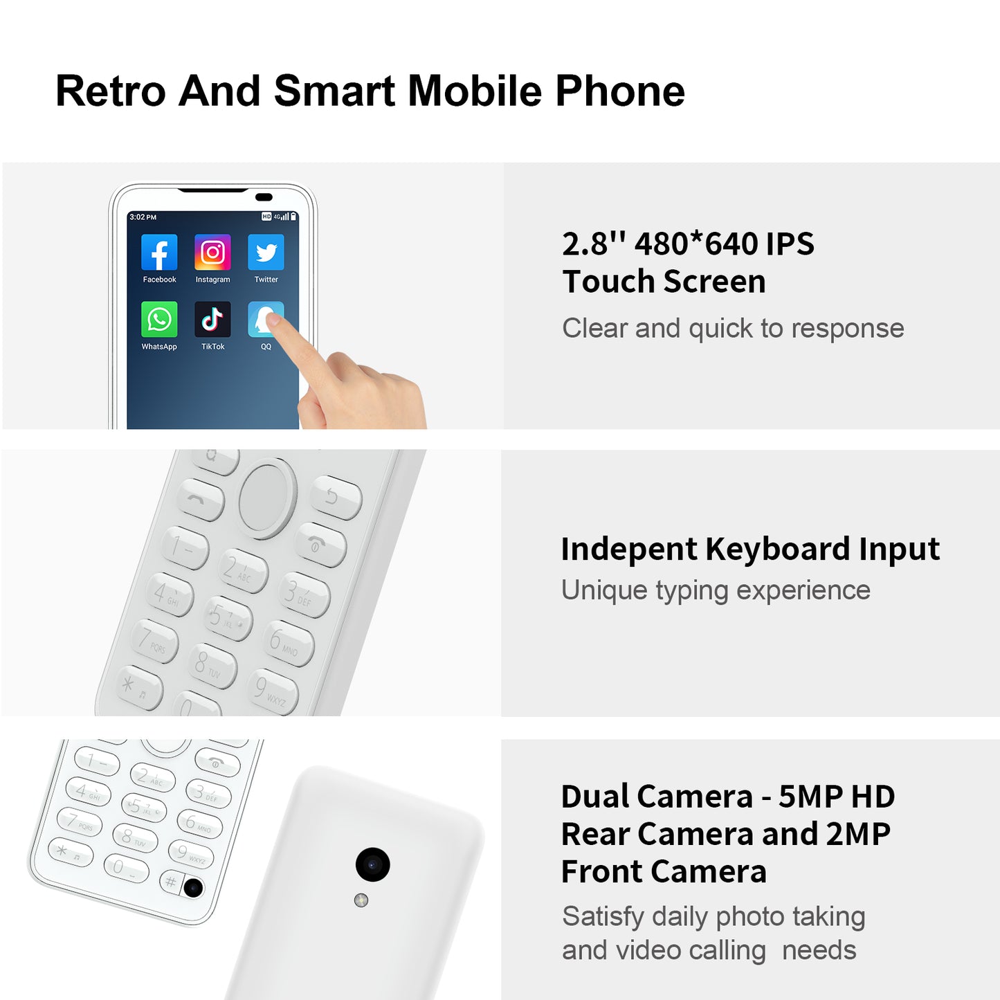 Qin F21 Pro Smart Keypad Phone, Compact 2.8-Inch Touchscreen, Android 11, 4G LTE, Single Camera, Google Play Support, Ideal Backup/Work Phone – Porcelain White/Iron Grey