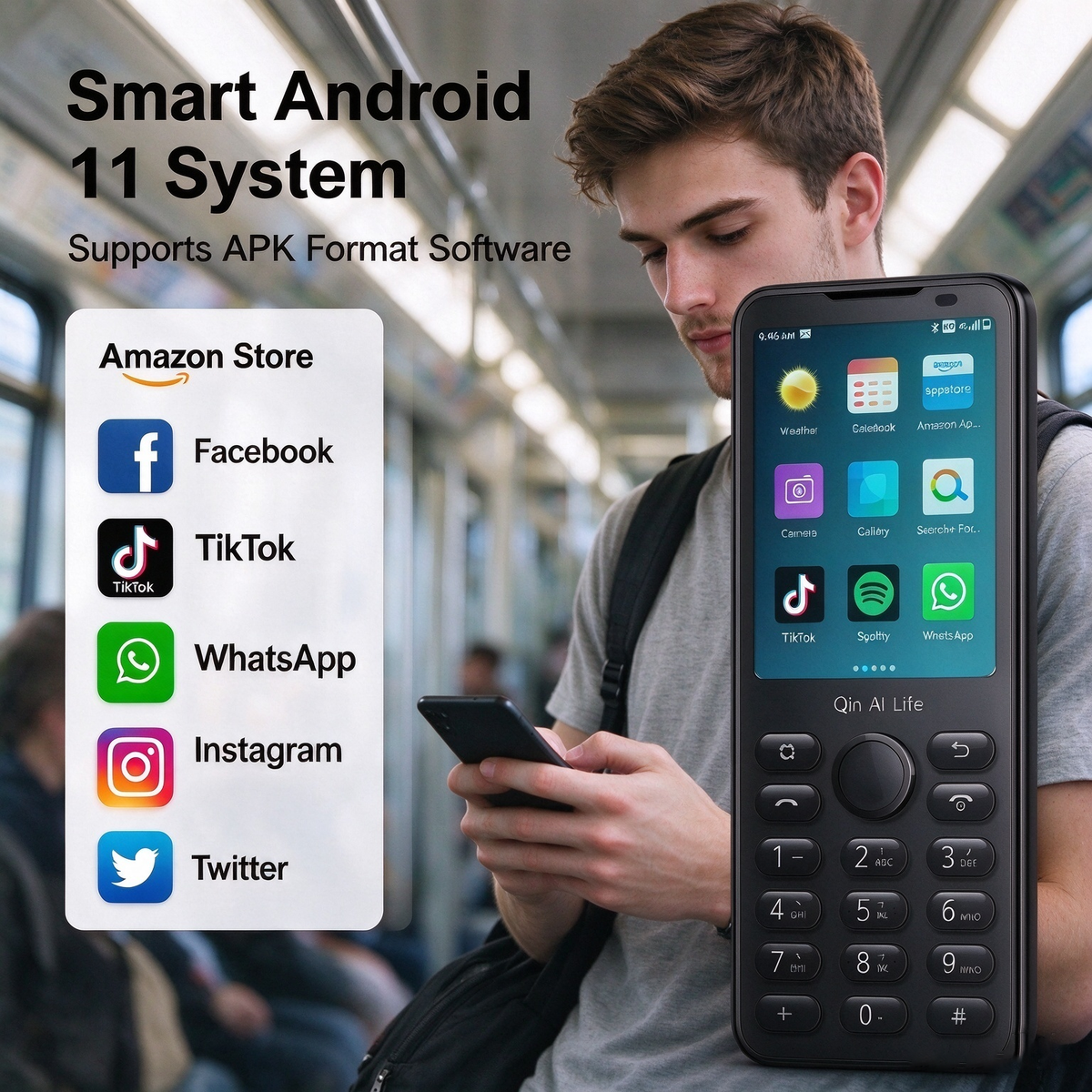 Qin F21 Pro Smart-Tastenfeld-Telefon, kompaktes 2,8-Zoll-Touchscreen, Android 11, 4G LTE, einzelne Kamera, Google Play-Unterstützung, ideales Ersatz-/Arbeitstelefon – Porzellanweiß/Eisengrau