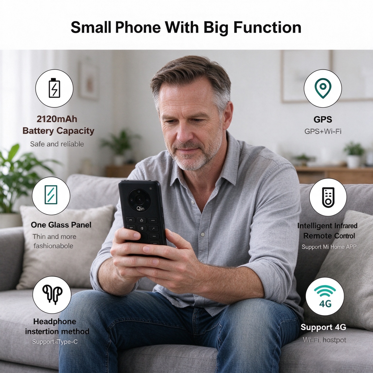 Qin F21 Pro Smart-Tastenfeld-Telefon, kompaktes 2,8-Zoll-Touchscreen, Android 11, 4G LTE, einzelne Kamera, Google Play-Unterstützung, ideales Ersatz-/Arbeitstelefon – Porzellanweiß/Eisengrau
