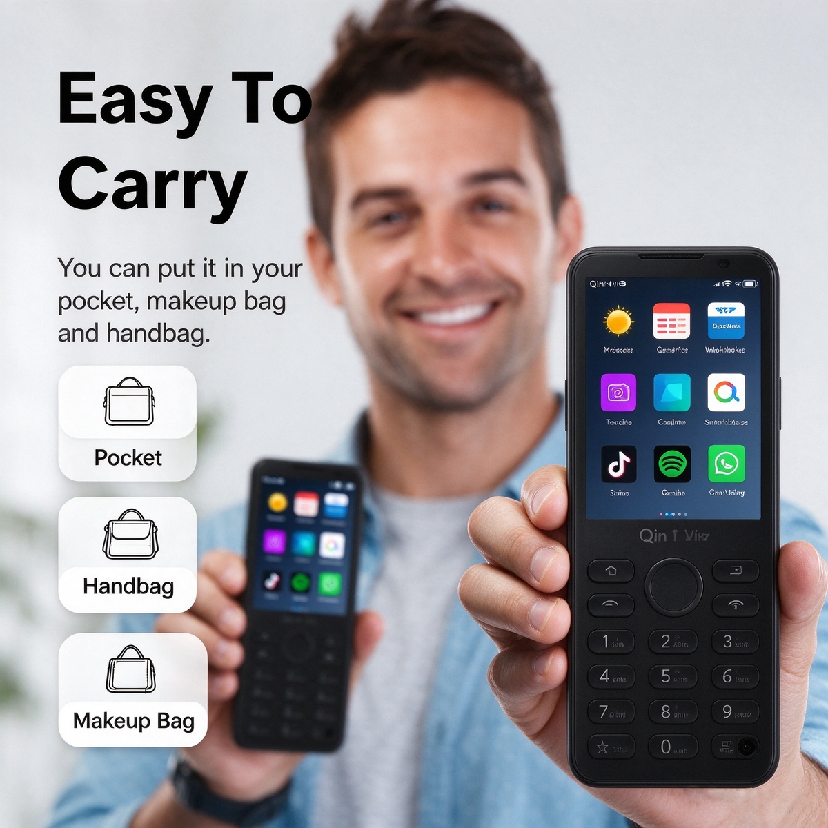 Qin F21 Pro Smart-Tastenfeld-Telefon, kompaktes 2,8-Zoll-Touchscreen, Android 11, 4G LTE, einzelne Kamera, Google Play-Unterstützung, ideales Ersatz-/Arbeitstelefon – Porzellanweiß/Eisengrau