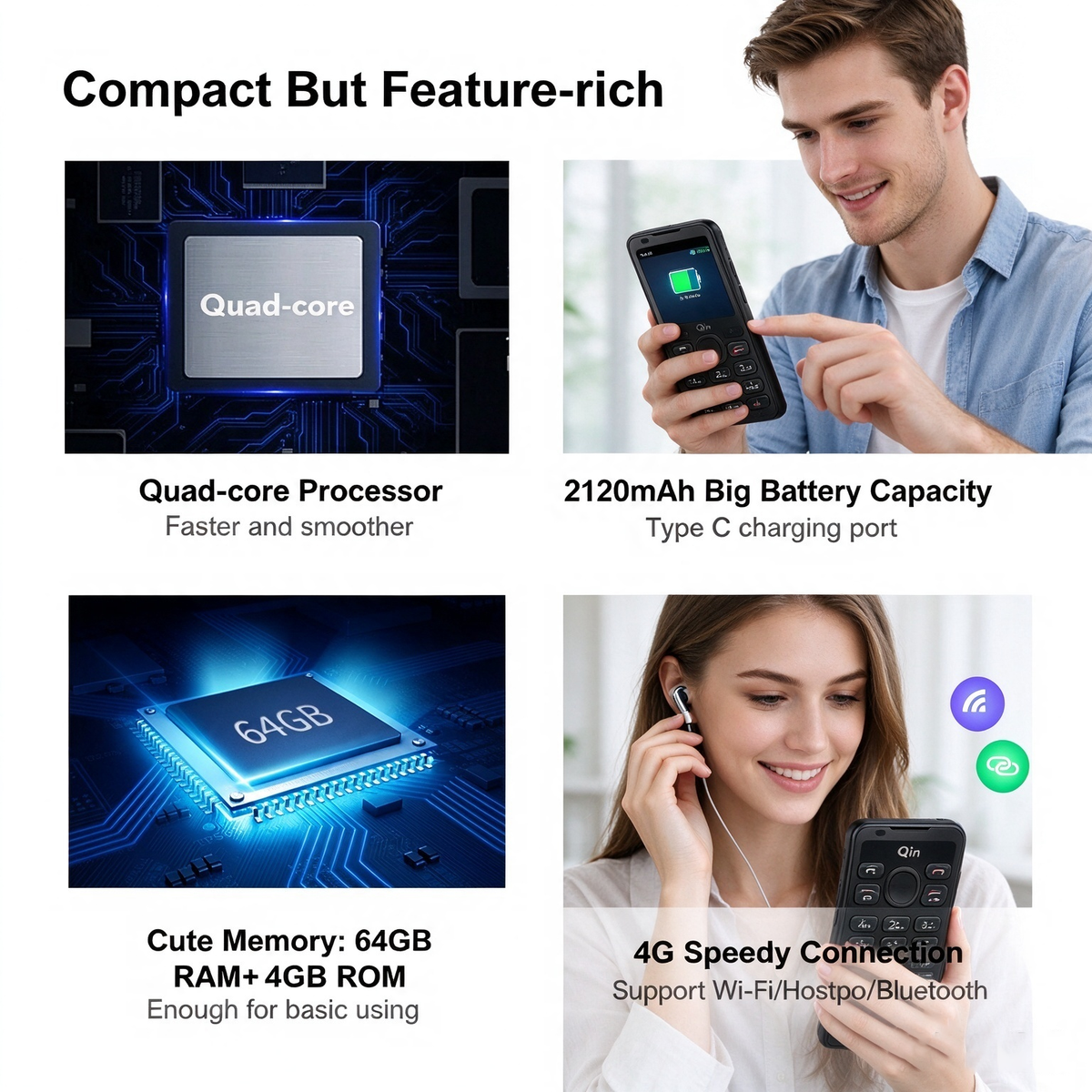 Qin F21 Pro Smart-Tastenfeld-Telefon, kompaktes 2,8-Zoll-Touchscreen, Android 11, 4G LTE, einzelne Kamera, Google Play-Unterstützung, ideales Ersatz-/Arbeitstelefon – Porzellanweiß/Eisengrau