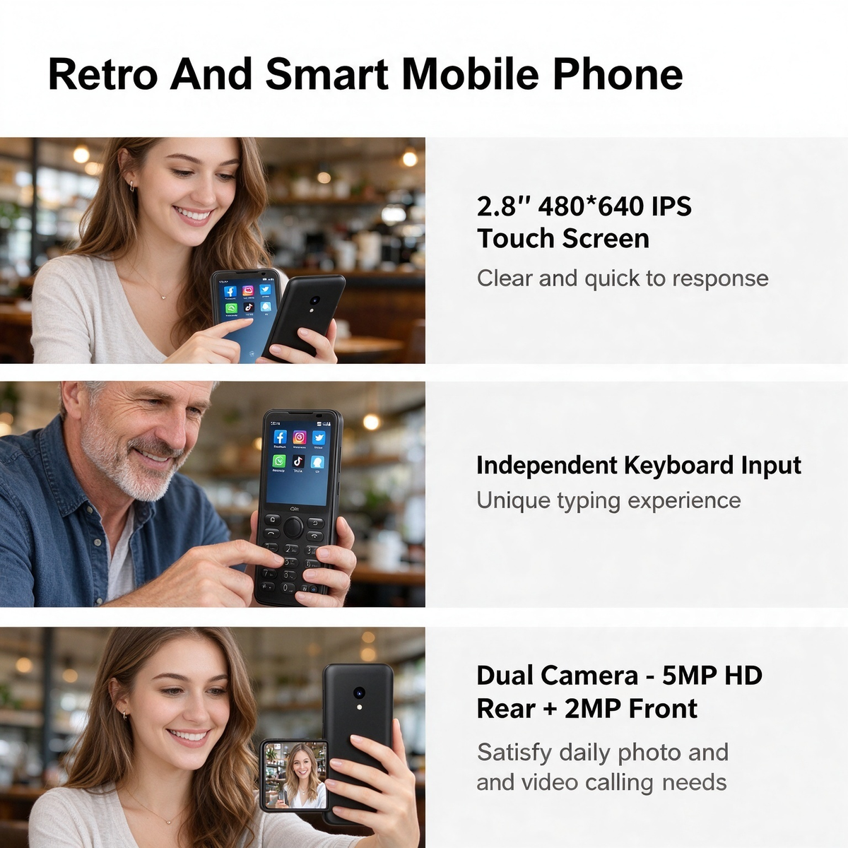 Qin F21 Pro Smart-Tastenfeld-Telefon, kompaktes 2,8-Zoll-Touchscreen, Android 11, 4G LTE, einzelne Kamera, Google Play-Unterstützung, ideales Ersatz-/Arbeitstelefon – Porzellanweiß/Eisengrau